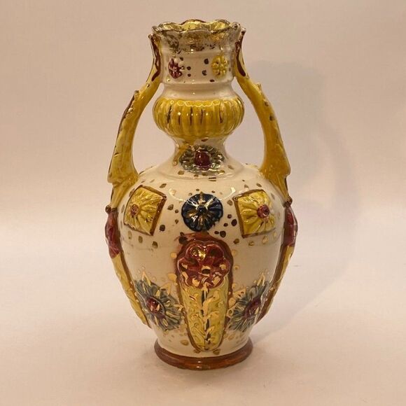 Pompeyi Bejeweled Signed Majolica Ceramic Vase Double Handle Gold Embossed - Picture 1 of 13